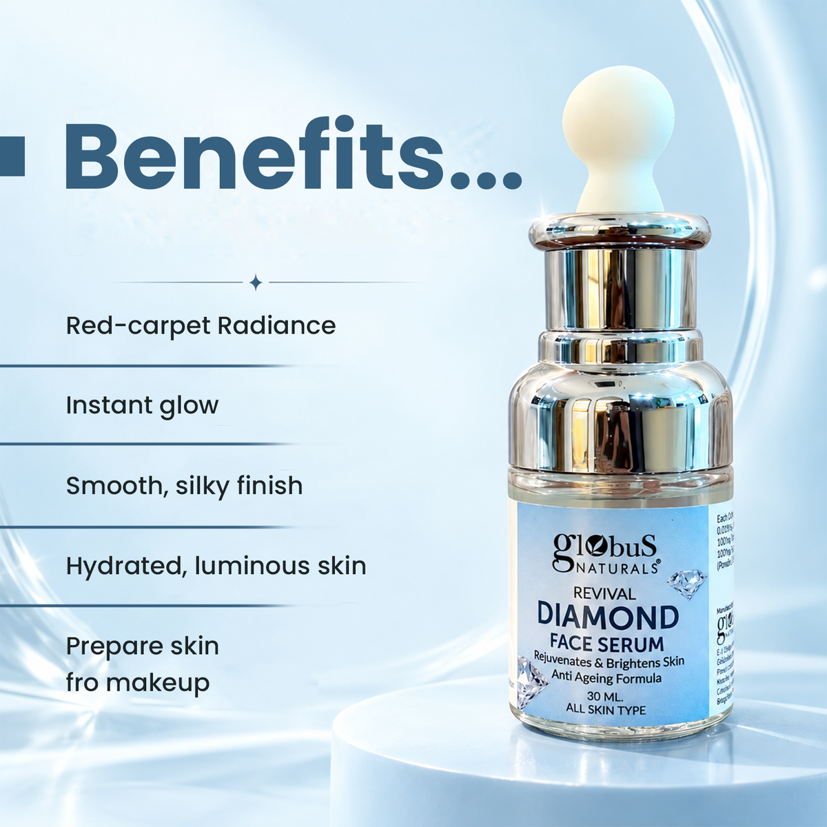 Globus Naturals Revival Diamond Shine Boosting &amp; Anti Ageing Face Serum, Natural &amp; Ayurvedic Formula, Chemical Free, Cruelty Free, Suitable For All Skin Types, 30 ml