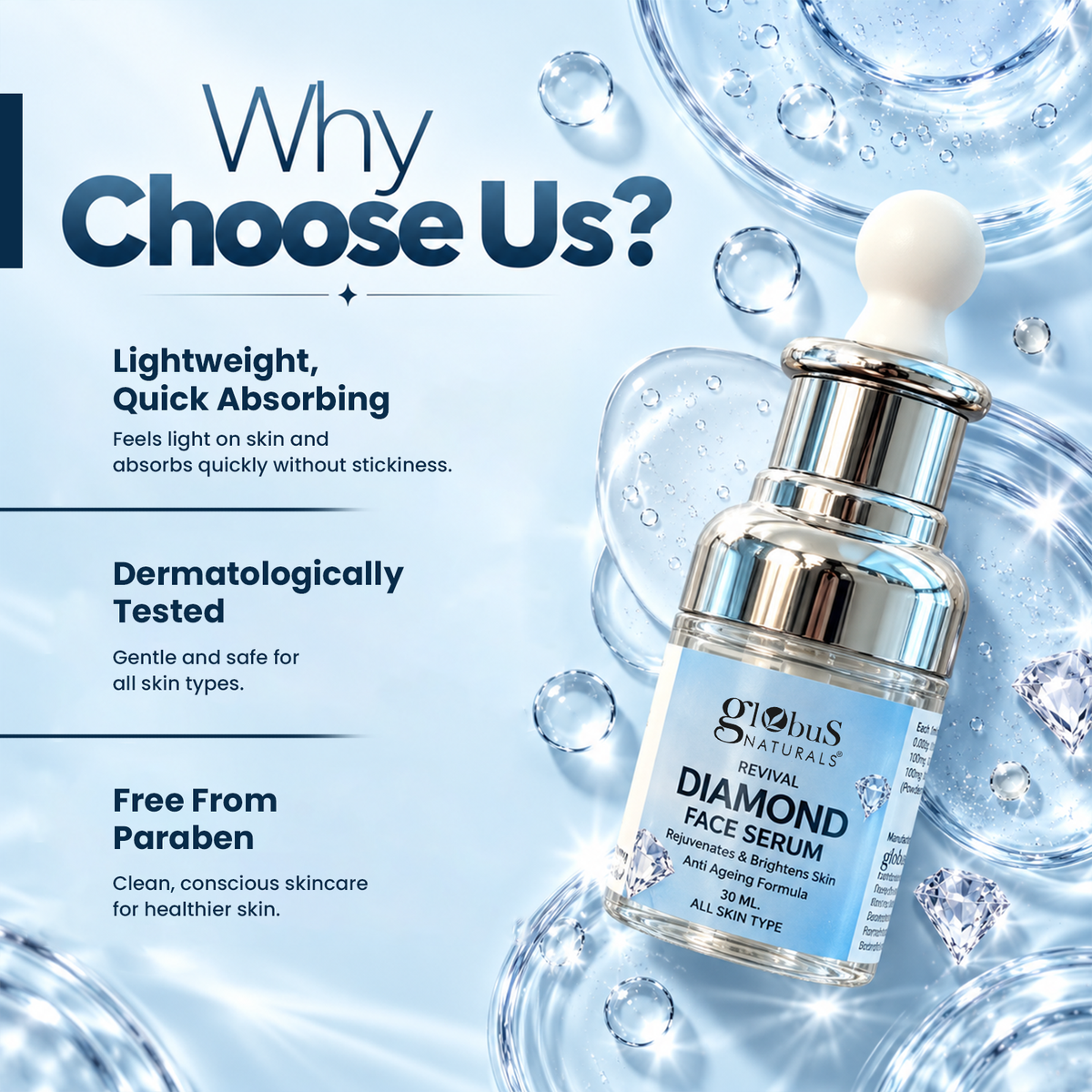 Globus Naturals Revival Diamond Shine Boosting &amp; Anti Ageing Face Serum, Natural &amp; Ayurvedic Formula, Chemical Free, Cruelty Free, Suitable For All Skin Types, 30 ml
