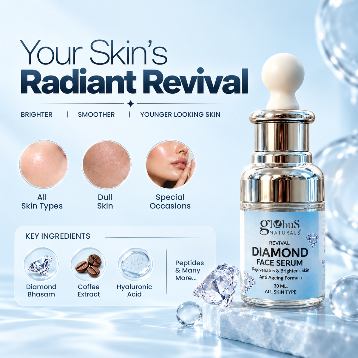 Globus Naturals Revival Diamond Shine Boosting &amp; Anti Ageing Face Serum, Natural &amp; Ayurvedic Formula, Chemical Free, Cruelty Free, Suitable For All Skin Types, 30 ml