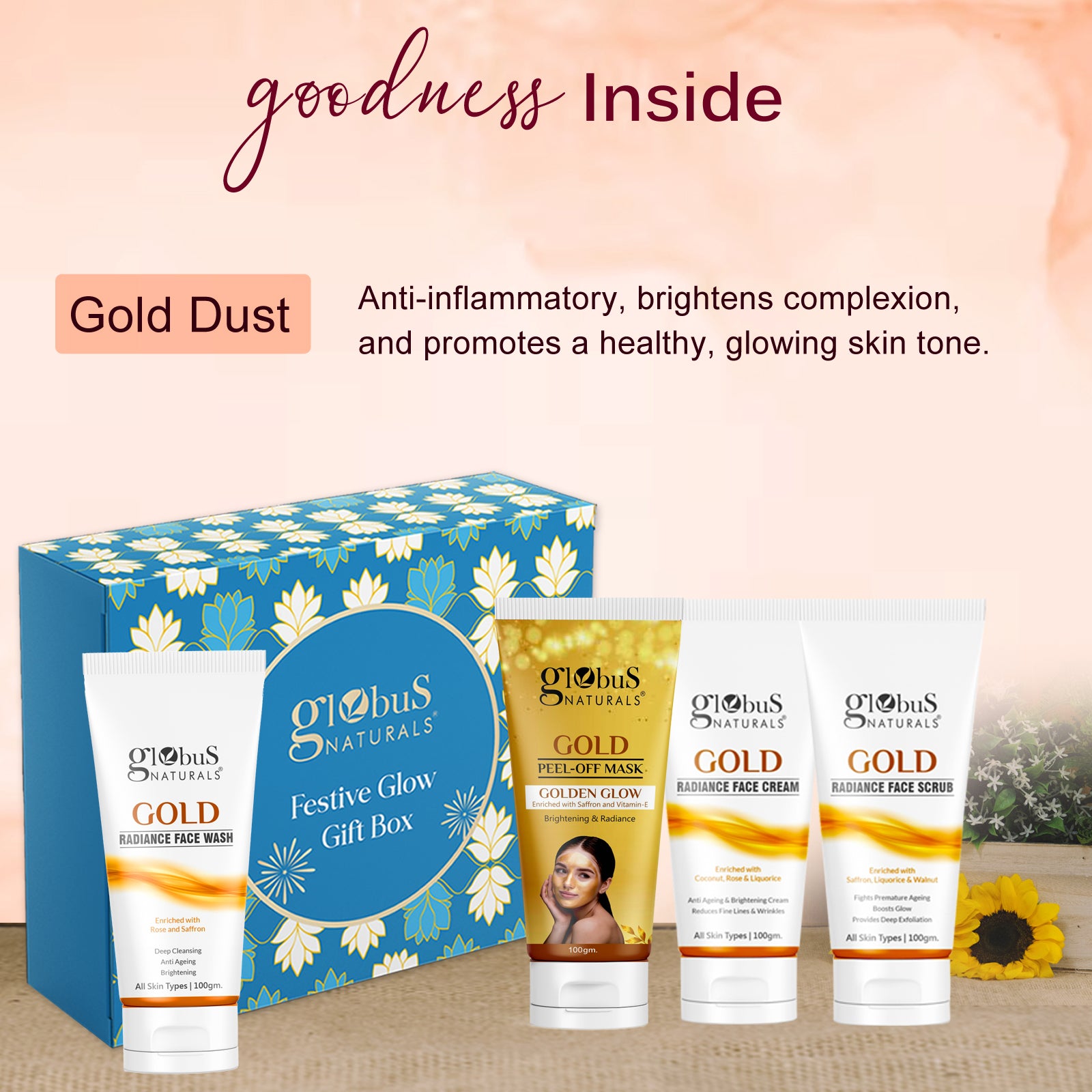 Globus Naturals Women&#39;s Day Golden Glow Gift Box Set of 4  - Box includes - Gold face wash 100gm, Face Cream 100gm, Face Scrub 100gm &amp; Peel off Mask 100gm