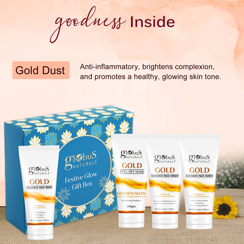 Globus Naturals Women's Day Golden Glow Gift Box Set of 4  - Box includes - Gold face wash 100gm, Face Cream 100gm, Face Scrub 100gm & Peel off Mask 100gm