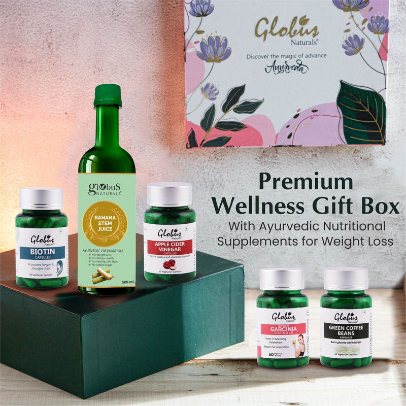 Globus Naturals Wellness Gift Box, For Men and Women, Premium Gift Box For Weight Loss, Set of 5 - Banana Stem Juice, Garcinia, Green Coffee beans, Apple Cider Vinegar & Biotin Capsules
