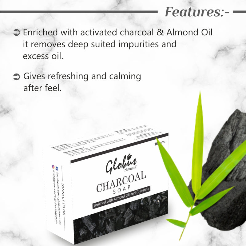 Globus Naturals Deep Cleaning & Exfoliating Activated Charcoal Soap Enriched with Tea Tree Features 