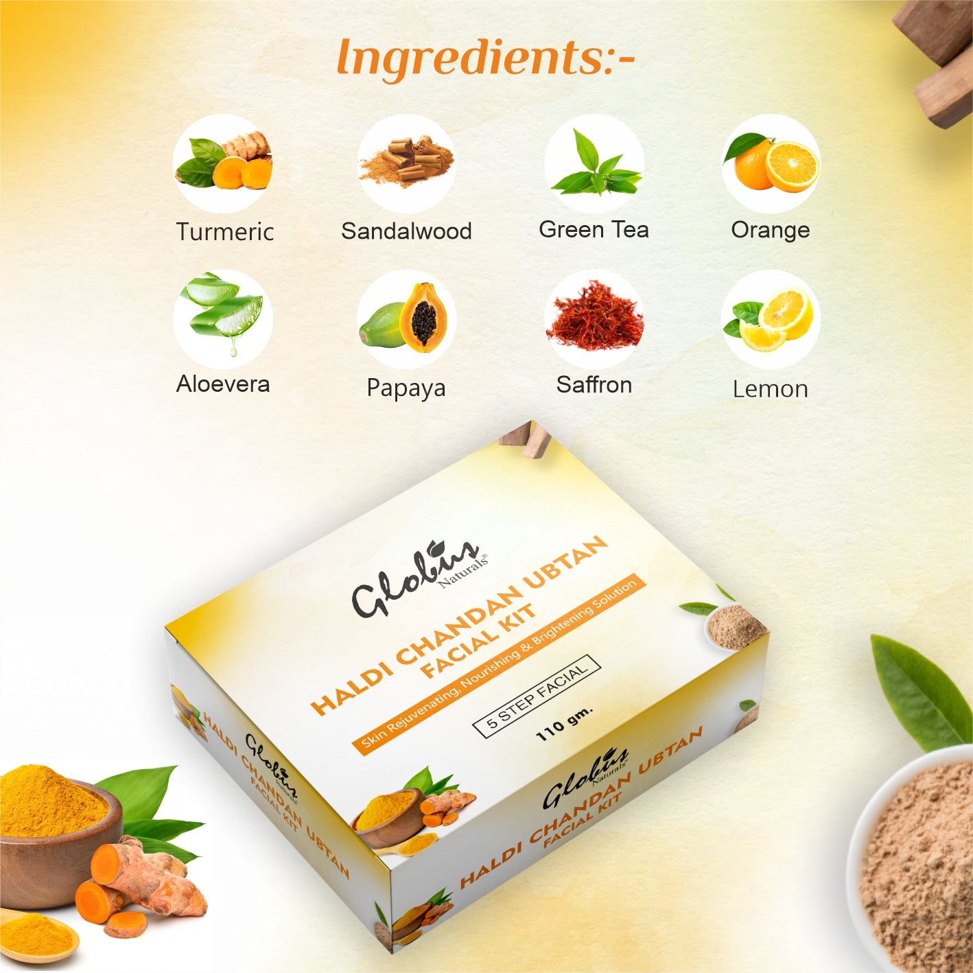 Globus Naturals Haldi Chandan Ubtan Brightening Lightening Facial Kit Ingredients 