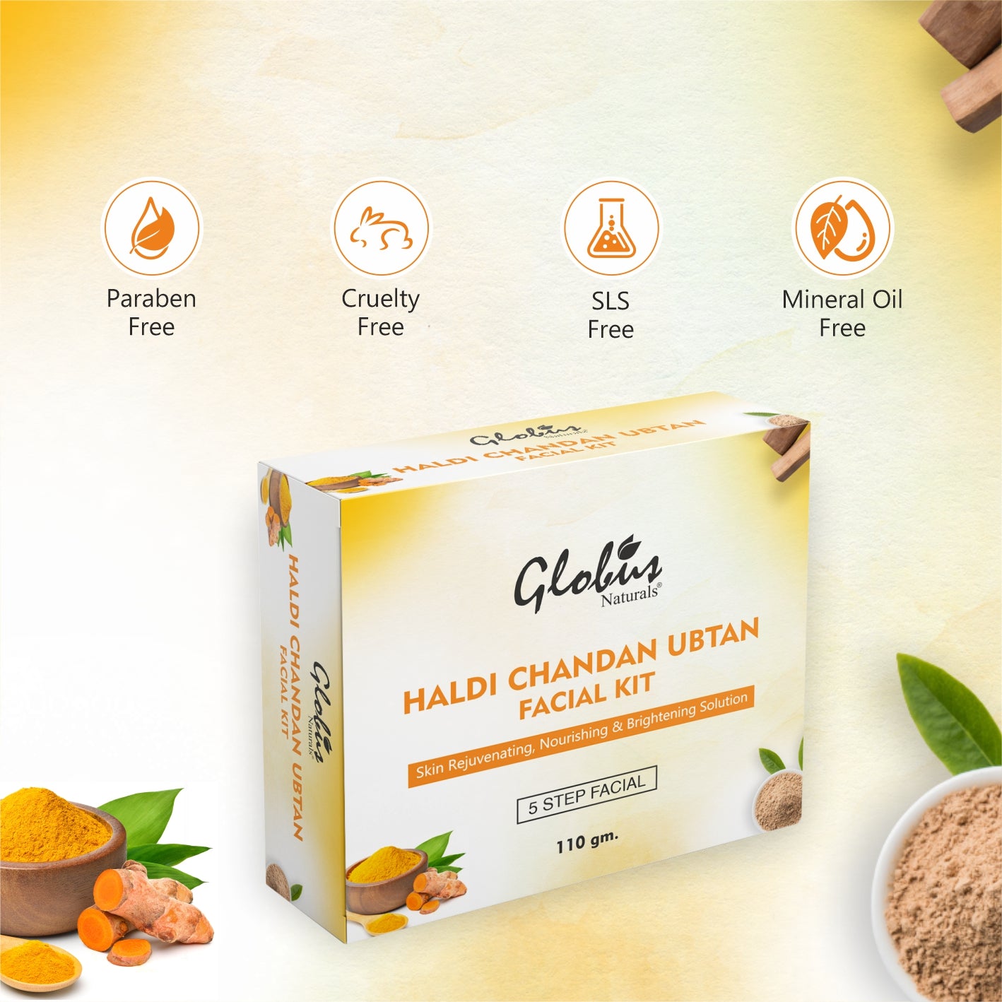 Globus Naturals Haldi Chandan Ubtan Brightening Lightening Facial Kit Banner