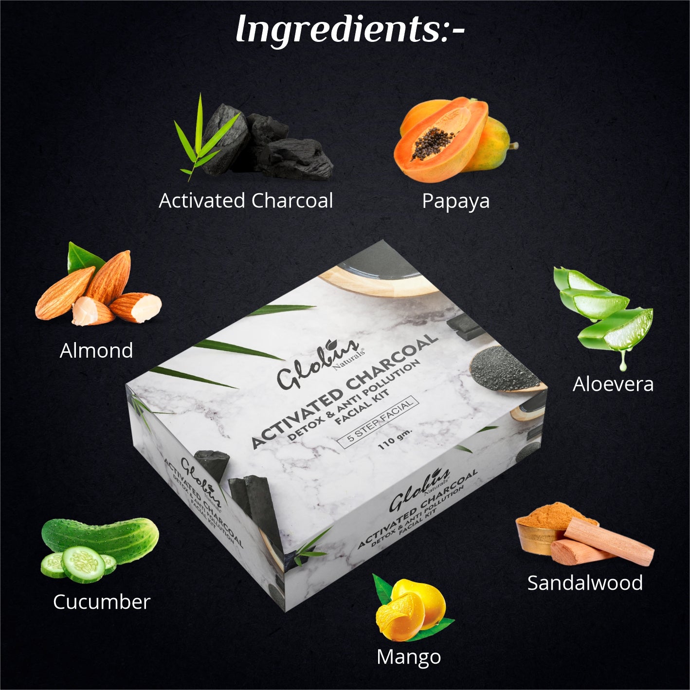 Globus Naturals Charcoal Facial Kit For Skin Exfoliation & Refreshed Glowing Skin Ingredients 