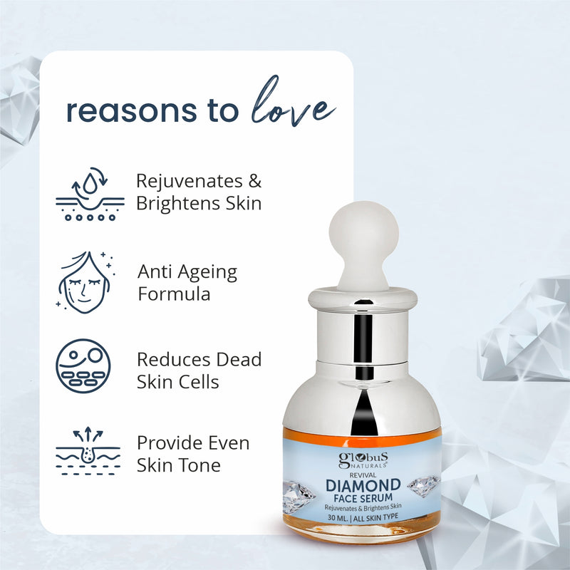 Globus Naturals Revival Diamond Shine Boosting & Anti Ageing Face Serum, Natural & Ayurvedic Formula, Chemical Free, Cruelty Free, Suitable For All Skin Types, 30 ml