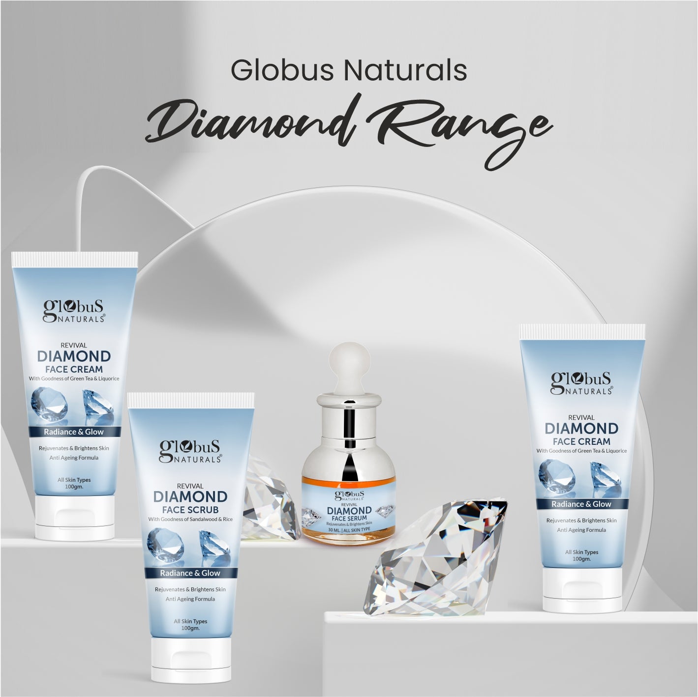 Globus Naturals Revival Diamond Shine Boosting &amp; Anti Ageing Face Serum, Natural &amp; Ayurvedic Formula, Chemical Free, Cruelty Free, Suitable For All Skin Types, 30 ml