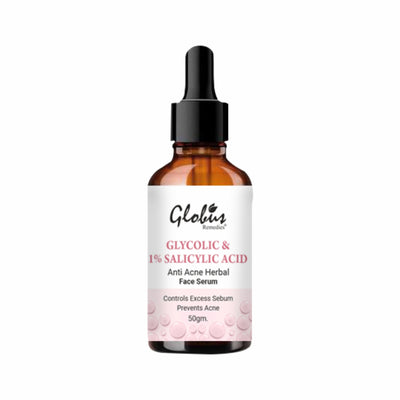 Globus Remedies glycolic and 1% salicylic acid anti-acne face serum for oily, acne-prone skin in a 50ml bottle.