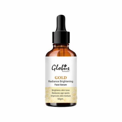 Globus Remedies Gold Radiance Anti-Aging Face Serum bottle for skin lightening and dark spots removal, 50ml, skincare product.