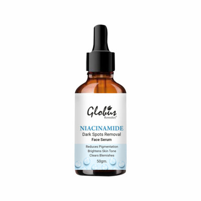 Globus Remedies Niacinamide anti-pigmentation face serum in a 50ml bottle, clarifying dark spots and pigmentation for healthy skin.