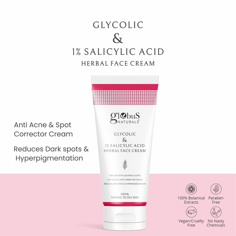 Glycolic & 1% Salicylic Acid Herbal Anti Acne Face Cream, Enriched with Liquorice & Oats, Reduces Dark spots & Hyperpigmentation,