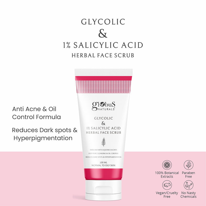 Glycolic & 1% Salicylic Acid Herbal Anti Acne Face Scrub, Enriched with Liquorice & Oats, Deep Pore Cleansing & Oil Control, Reduces Dark spots & Hyperpigmentation,100 ml