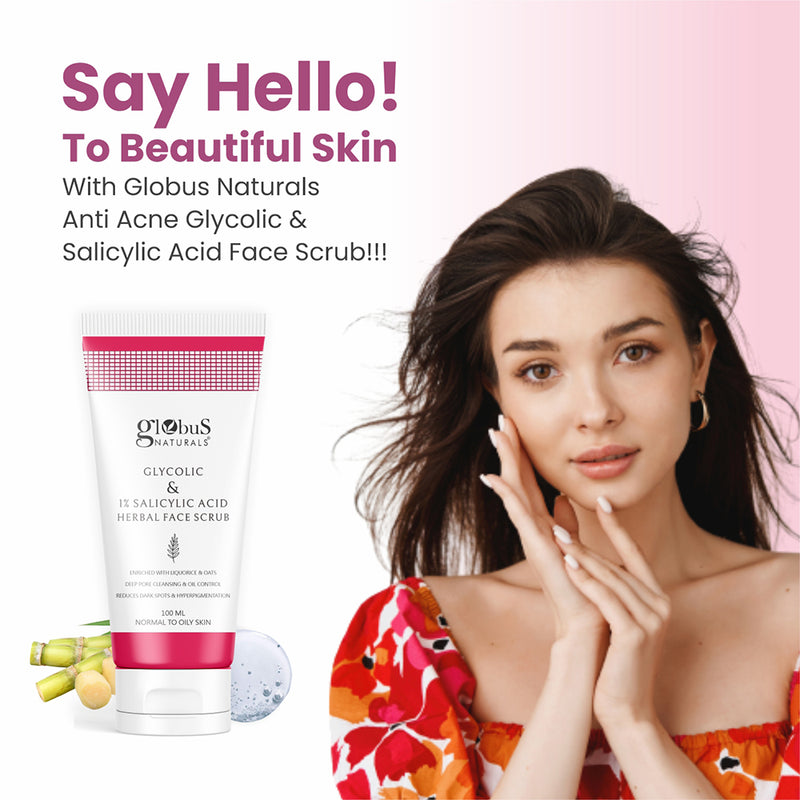 Glycolic & 1% Salicylic Acid Anti-Acne Face care Combo - Set of 4 Face wash, Face Cream, Face Gel & Face Scrub