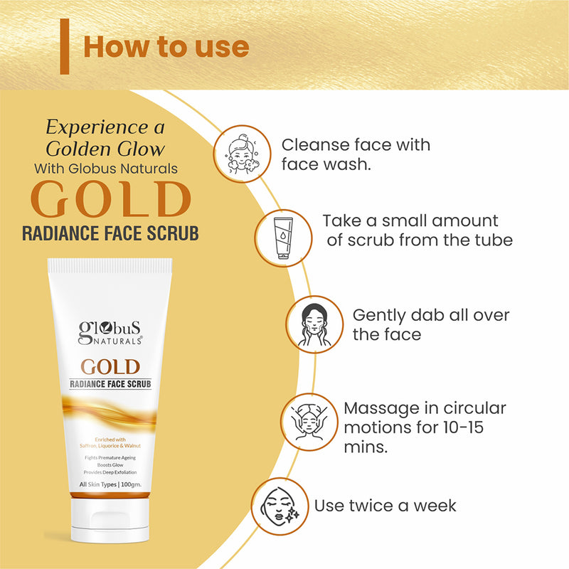 Gold Radiance Anti Ageing & Brightening Face Scrub Enriched with Saffron, Liquorice & Walnut, Fights Premature Ageing, Boosts Glow, Provides Deep Exfoliation, All Skin Types, 100 gms
