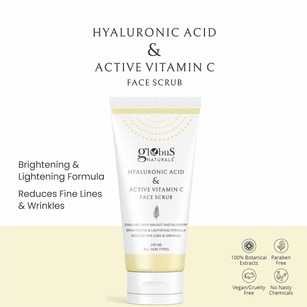 Hyaluronic Acid & Vitamin C Anti Ageing Face Scrub, Enriched with Walnut & Mulberry, Skin Lightening & Brightening Formula, Even Tones Skin & Removes Dark Spots & Pigmentation, Suitable for All Skin Types,100ml