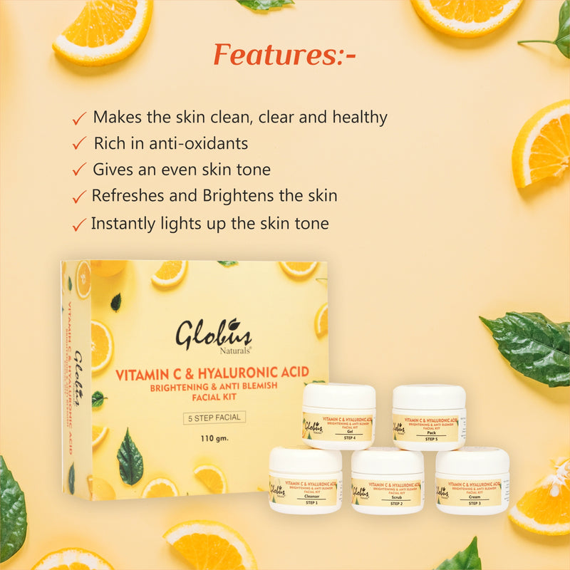 Globus Naturals Anti-Ageing Hyaluronic Acid and Vitamin C Lightening Brightening Facial Kit For Beautiful & Glowing Skin Features 