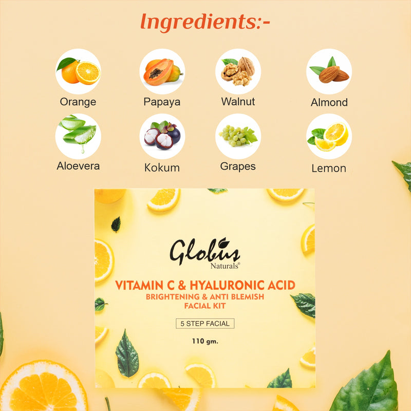 Globus Naturals Anti-Ageing Hyaluronic Acid and Vitamin C Lightening Brightening Facial Kit For Beautiful & Glowing Skin Ingredients 